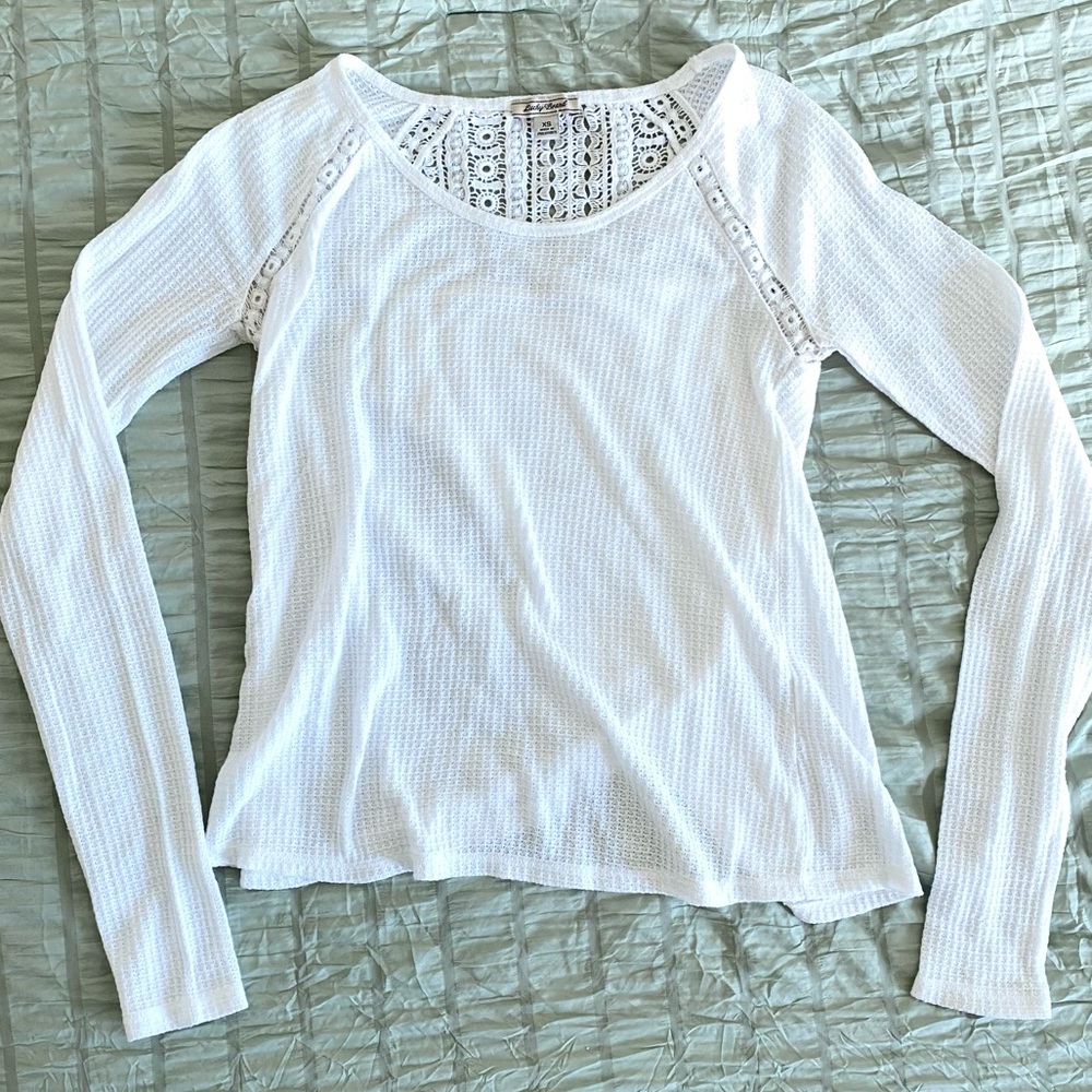 Lucky Brand White Waffle Knit Long Sleeve Top with Crochet Details